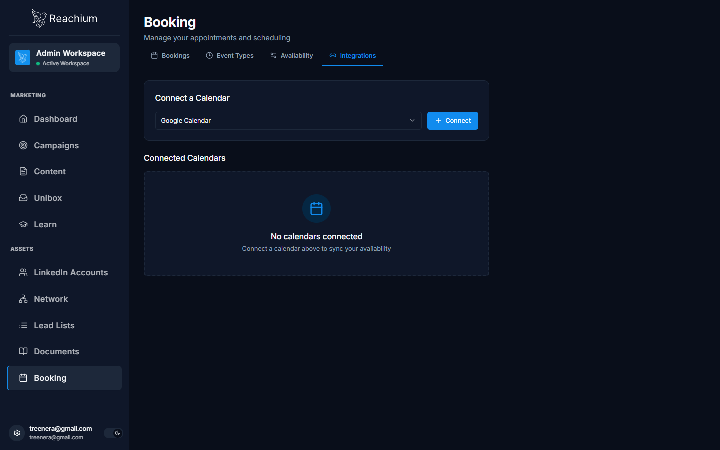Booking Integrations tab with the Connect a Calendar panel