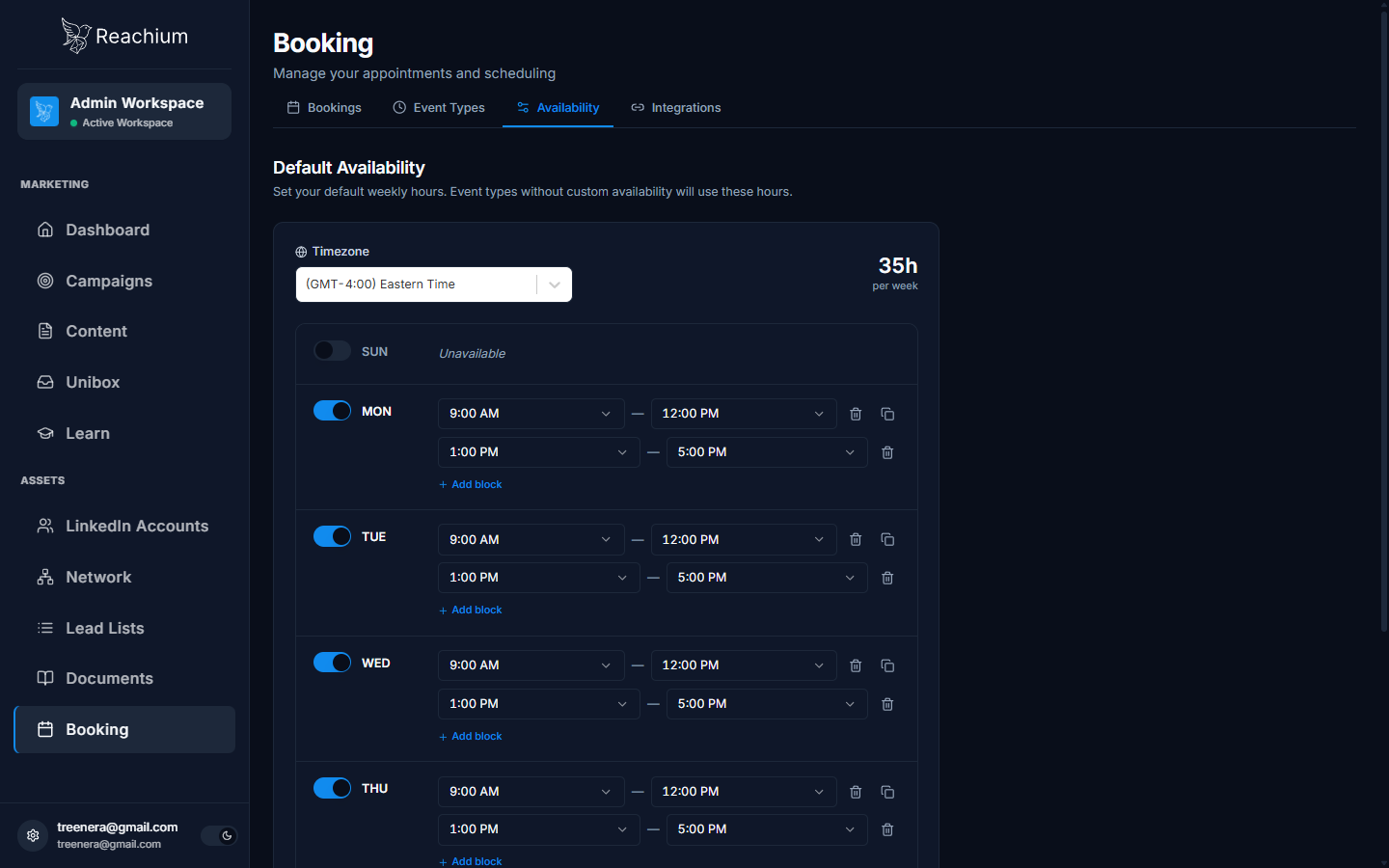 Default Availability with Mon to Fri 9am to 5pm and a lunch gap