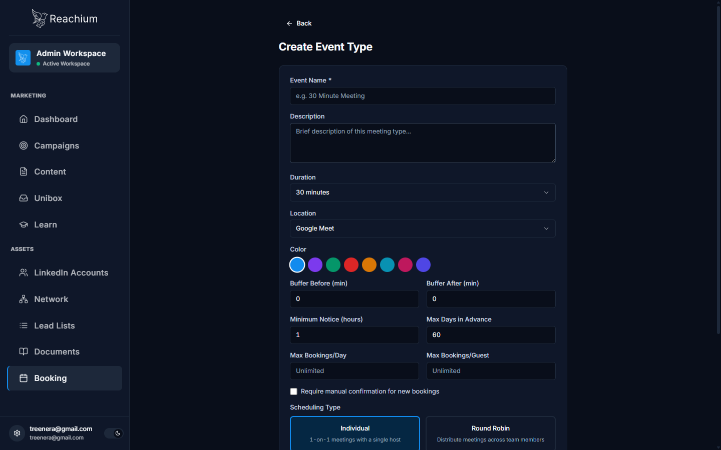 Create Event Type form with name, duration, and location