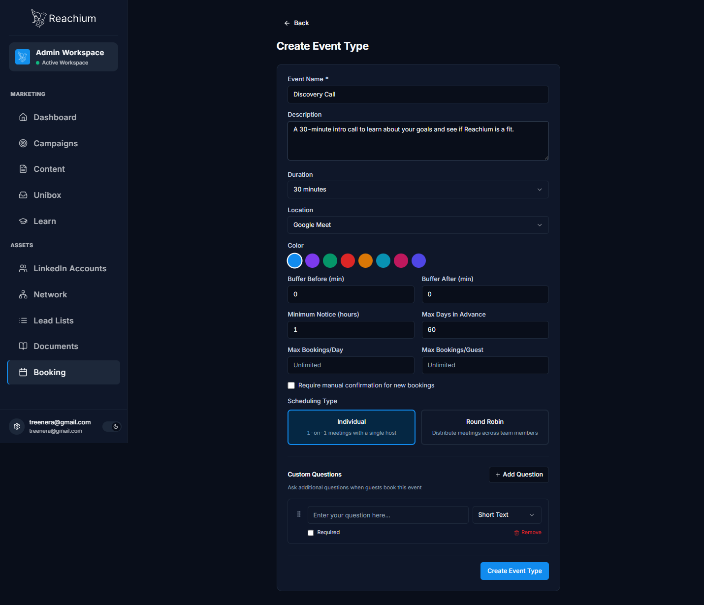 Custom Questions section with a short-text question added