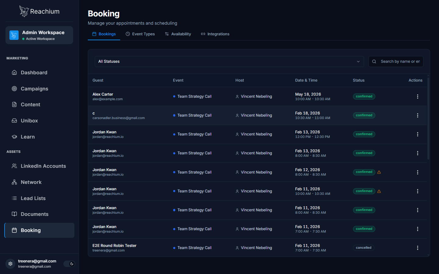 Bookings list with the test booking at the top