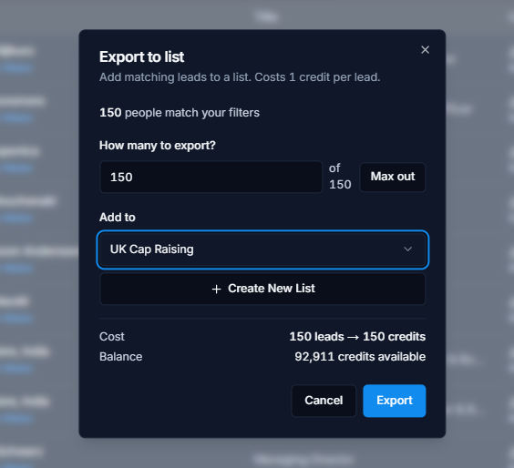 Export to list dialog