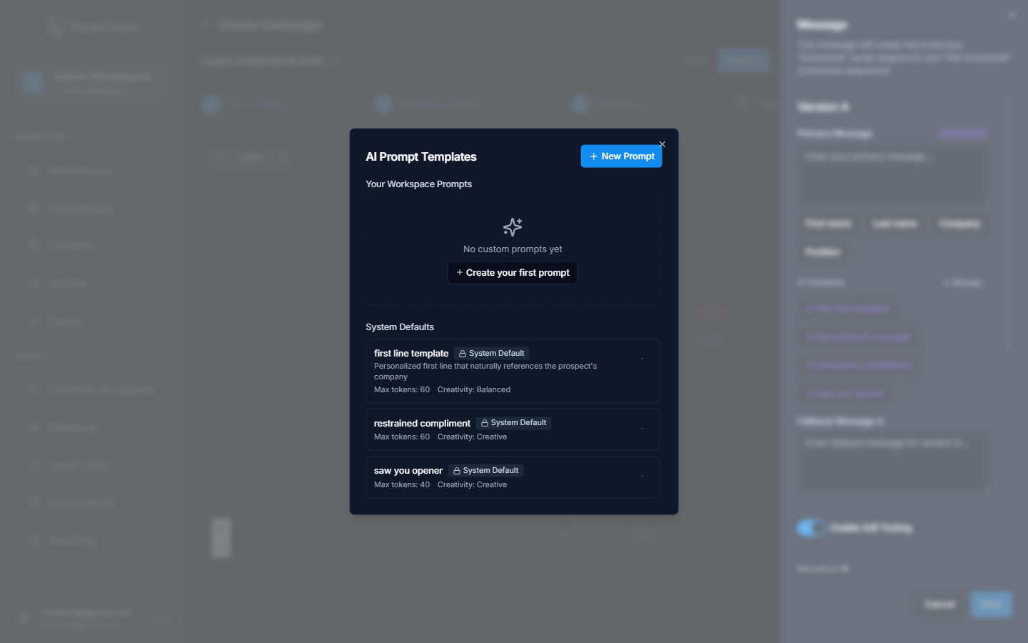 AI Prompt Templates dialog with system defaults and a New Prompt button