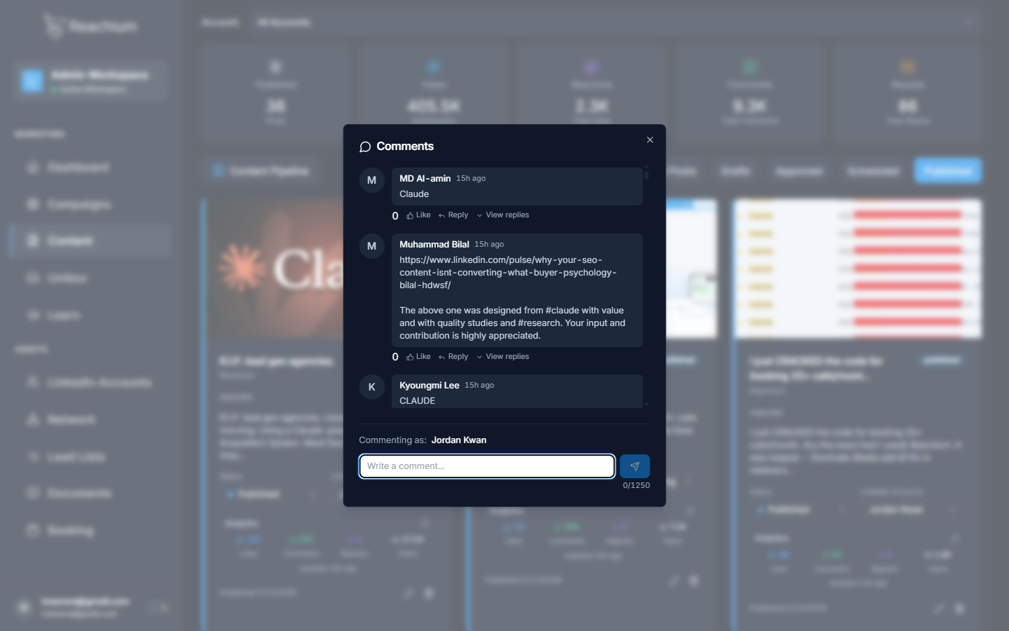 Comments dialog with LinkedIn comment thread and a reply composer