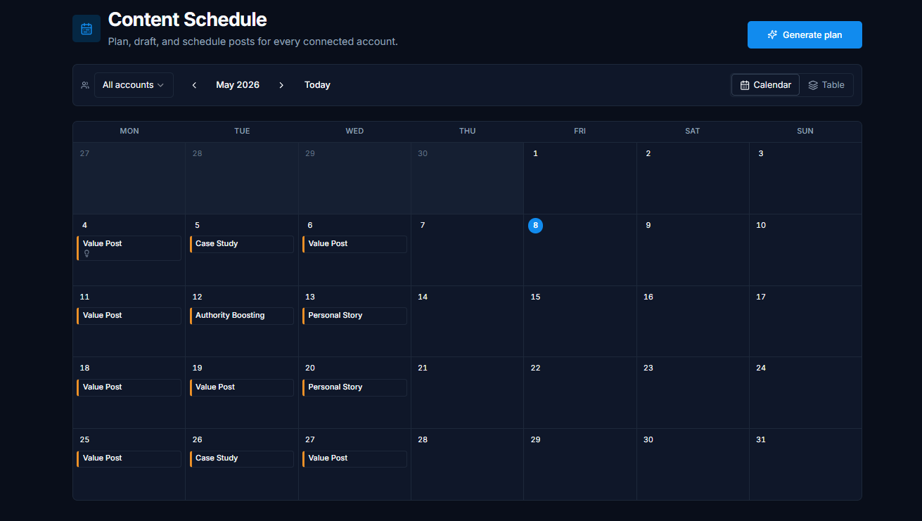 Content Schedule calendar