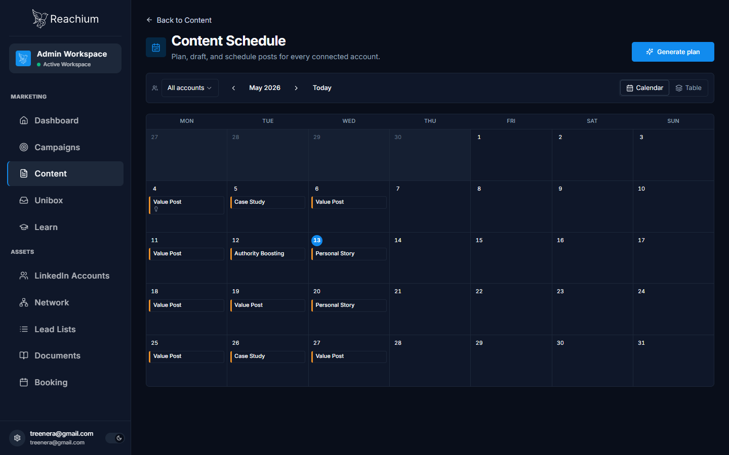 Content Schedule calendar view with month picker and Generate plan button