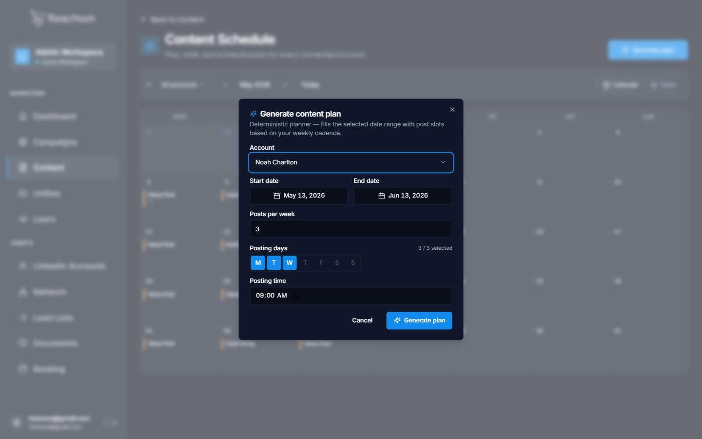 Generate content plan dialog filled with an account, 3 posts per week on Mon/Tue/Wed at 09:00