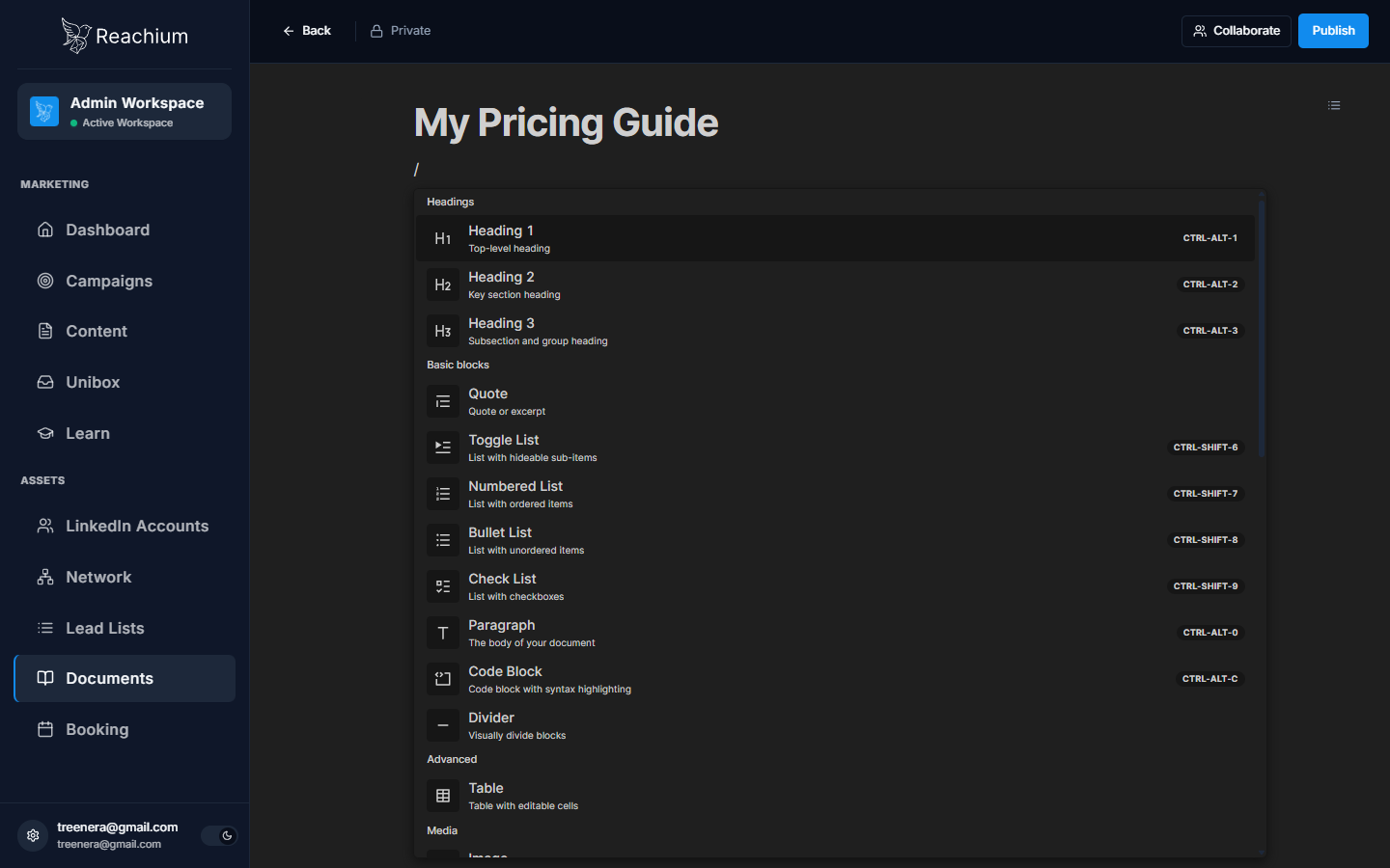 Slash menu showing Headings and Basic blocks