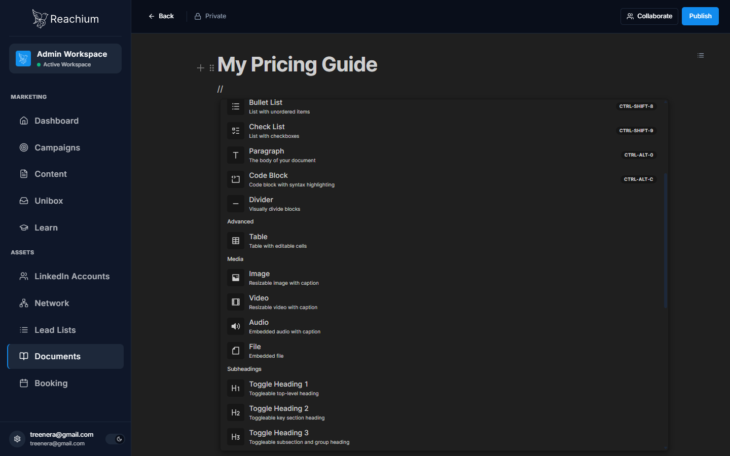 Slash menu scrolled down to Media and Advanced sections