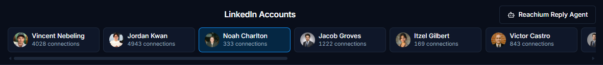 Account switcher top row with Reachium Reply Agent button