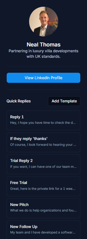 Right rail Quick Replies with template list and Add Template button