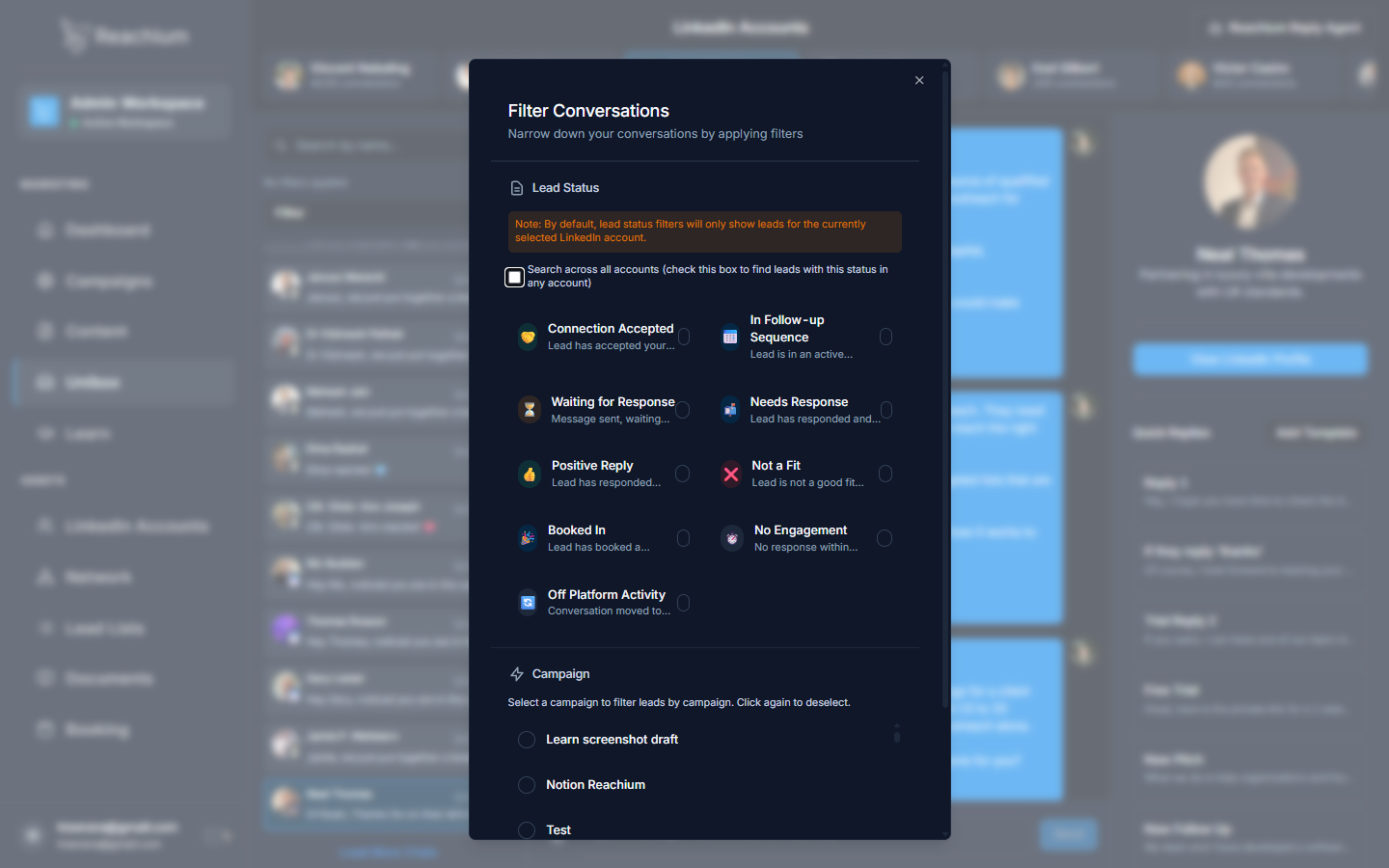 Filter Conversations dialog with Lead Status section