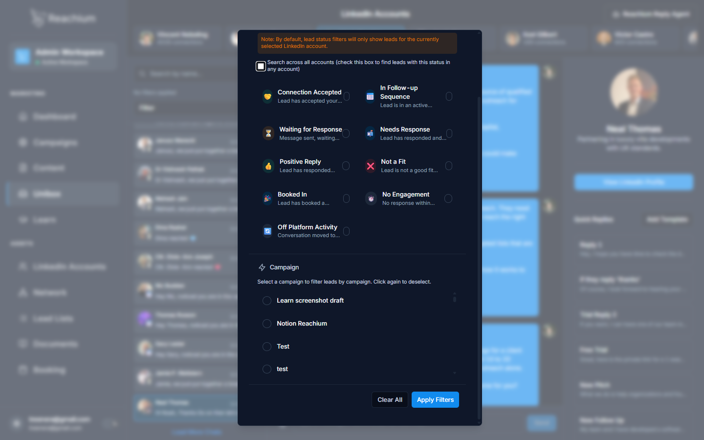 Campaign filter section with workspace campaigns listed
