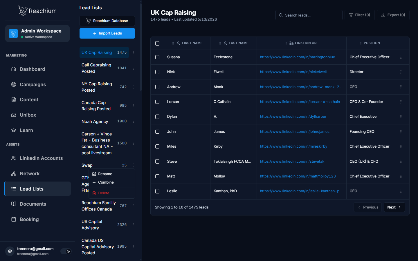 Three-dot menu on a list with Rename, Combine, and Delete options