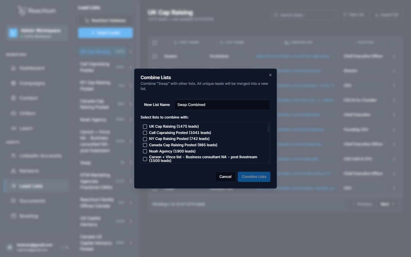 Combine Lists dialog with a New List Name and a checklist of source lists