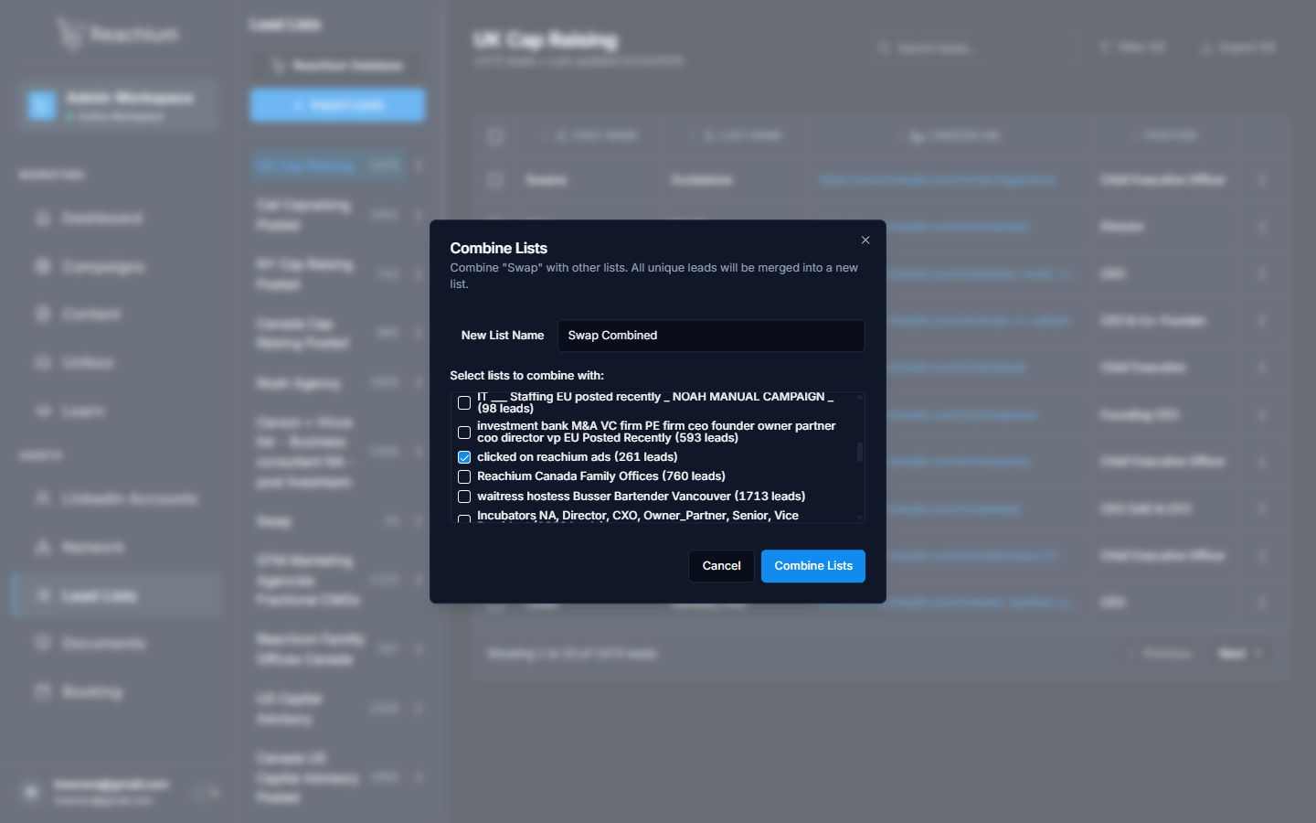 Combine Lists dialog with one source list checked