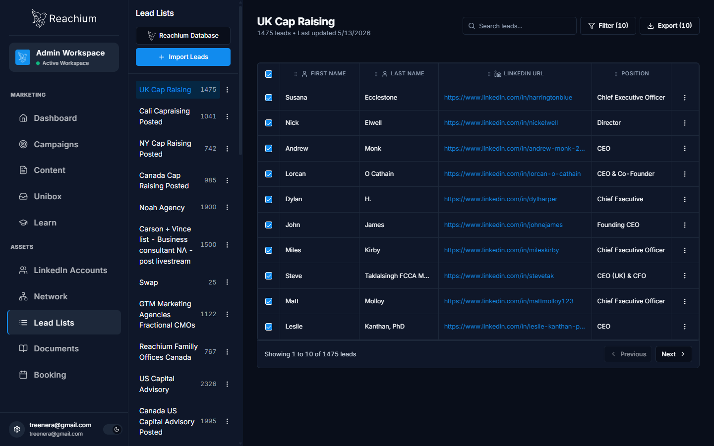 Lead list with all visible rows selected and Export (10) enabled