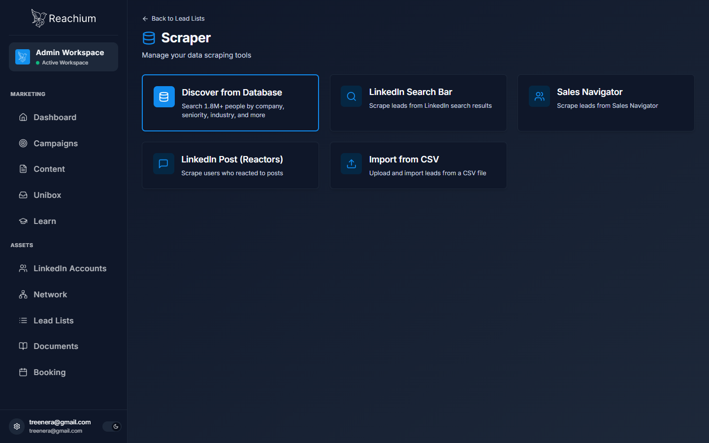 Scraper page showing five data source cards including Import from CSV