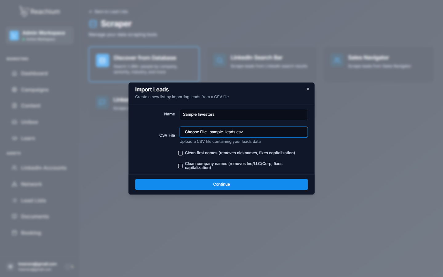 Import Leads dialog with a list name typed and a CSV file selected