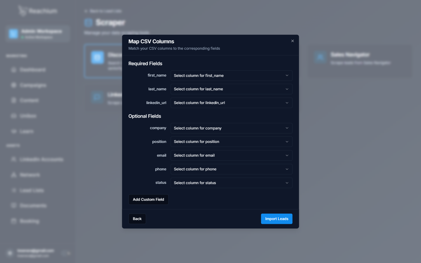 Map CSV Columns dialog with Required and Optional Fields