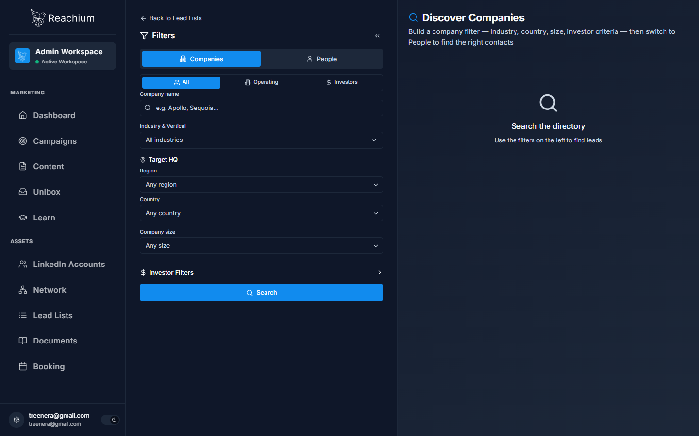 Discover Companies page on first open