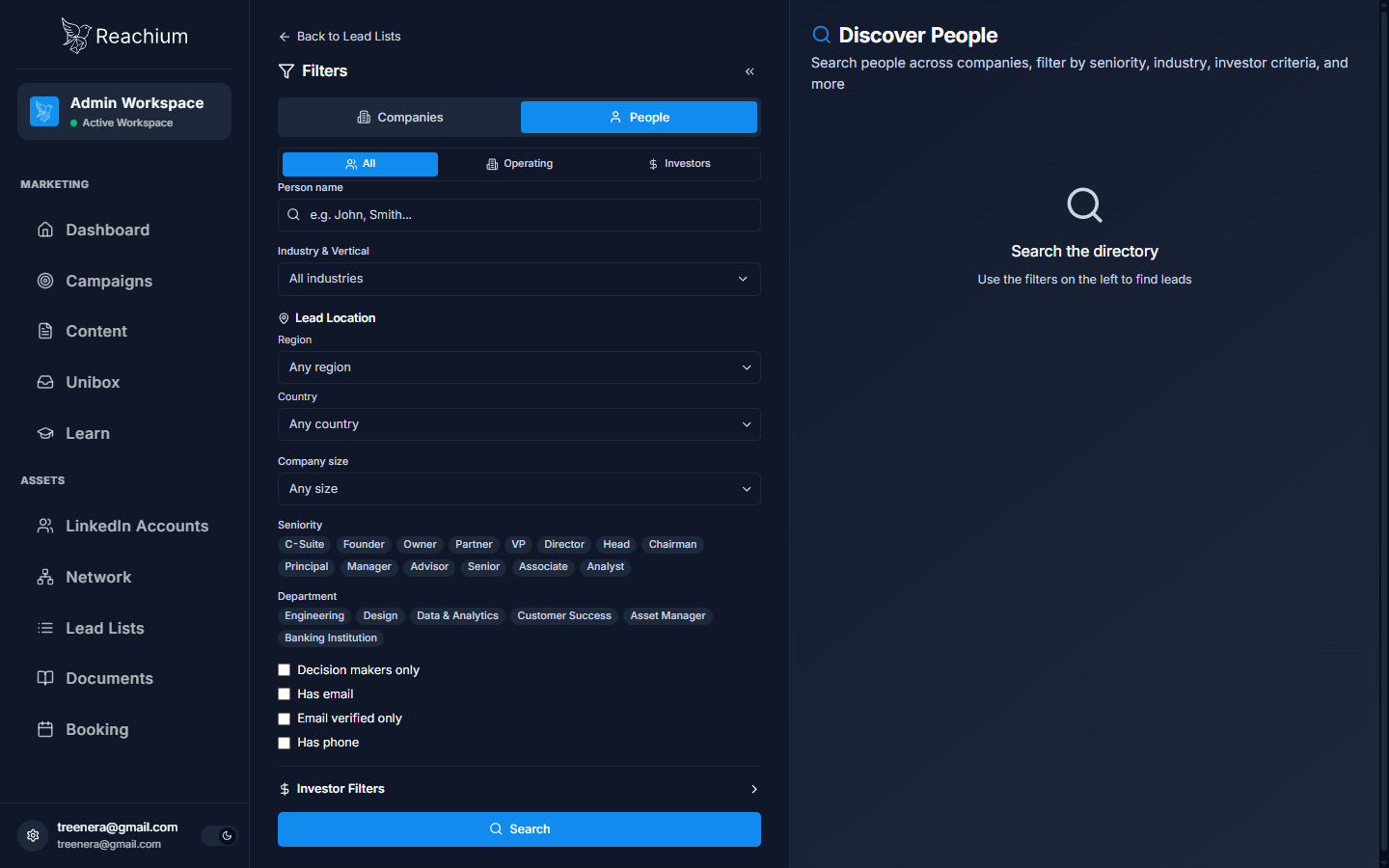 People filter panel with Industry, Location, Seniority, Department, and contact-data toggles