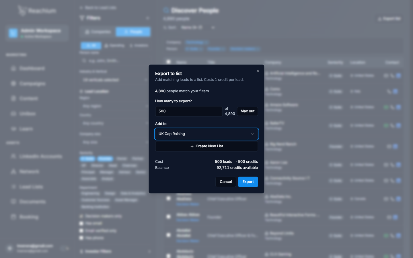 Export to list dialog