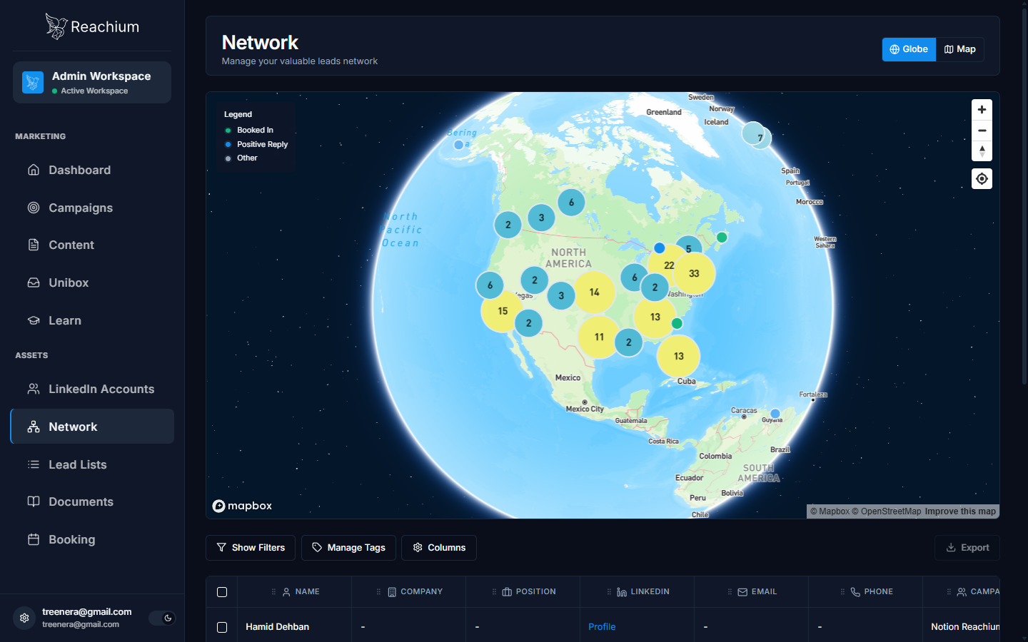 Network with the 3D globe and pinned leads