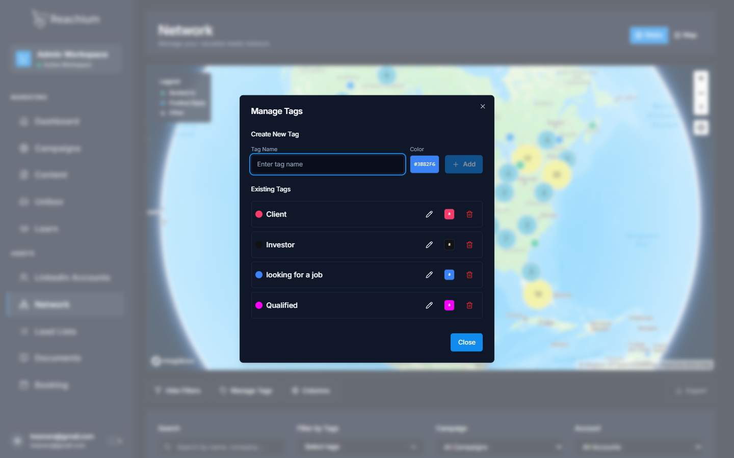 Manage Tags dialog with Create New Tag and Existing Tags list