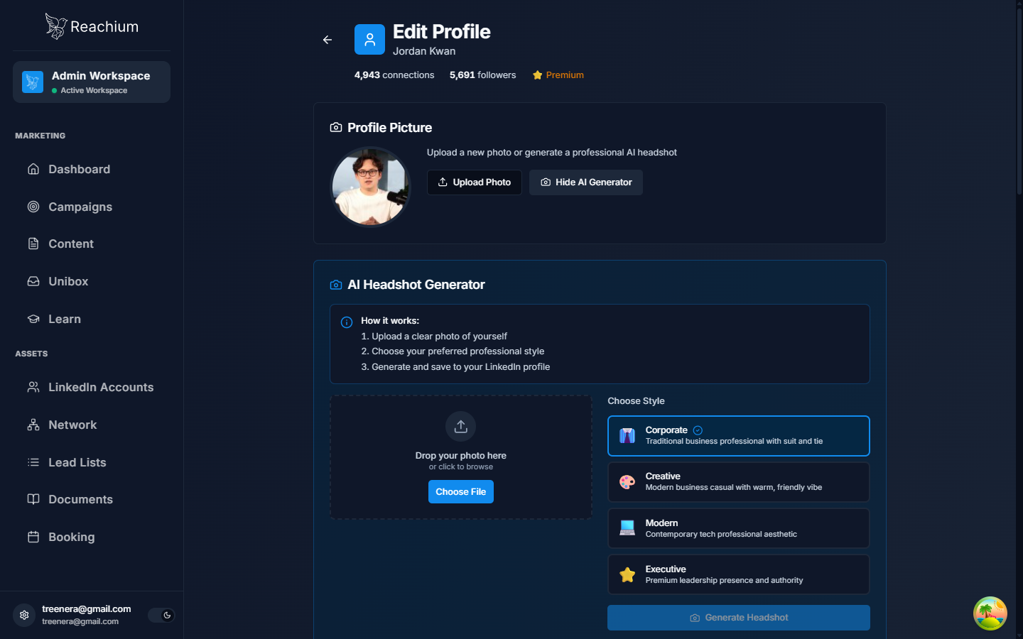 AI Headshot Generator with photo upload and four style options