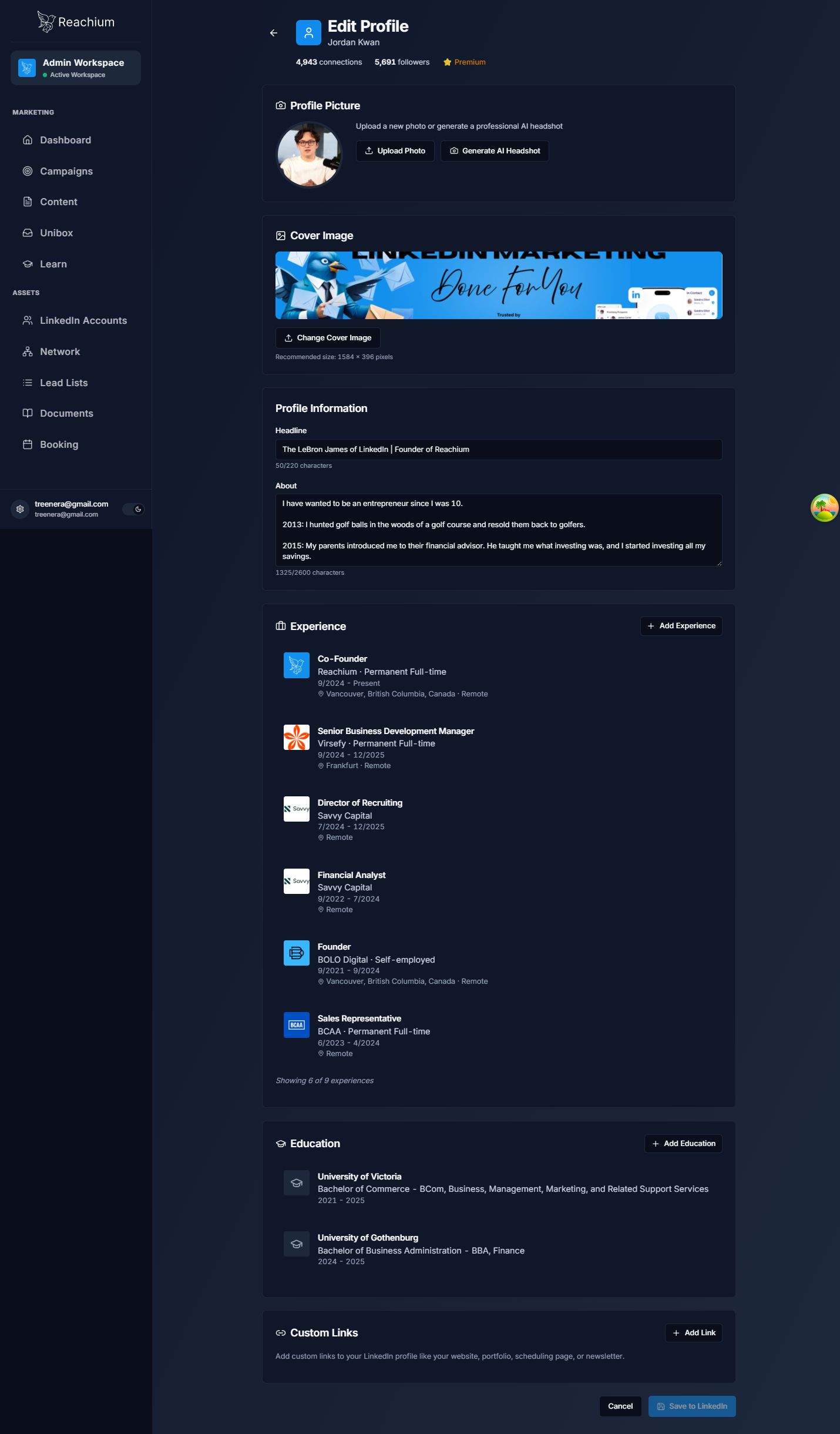 Full Edit Profile page showing every section end to end