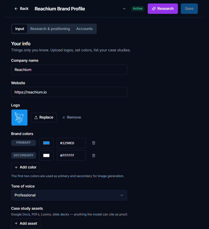 Brand Profile screen, Input tab