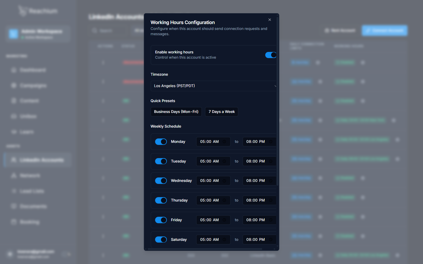 Working Hours dialog with timezone, presets, and per-day start and end times