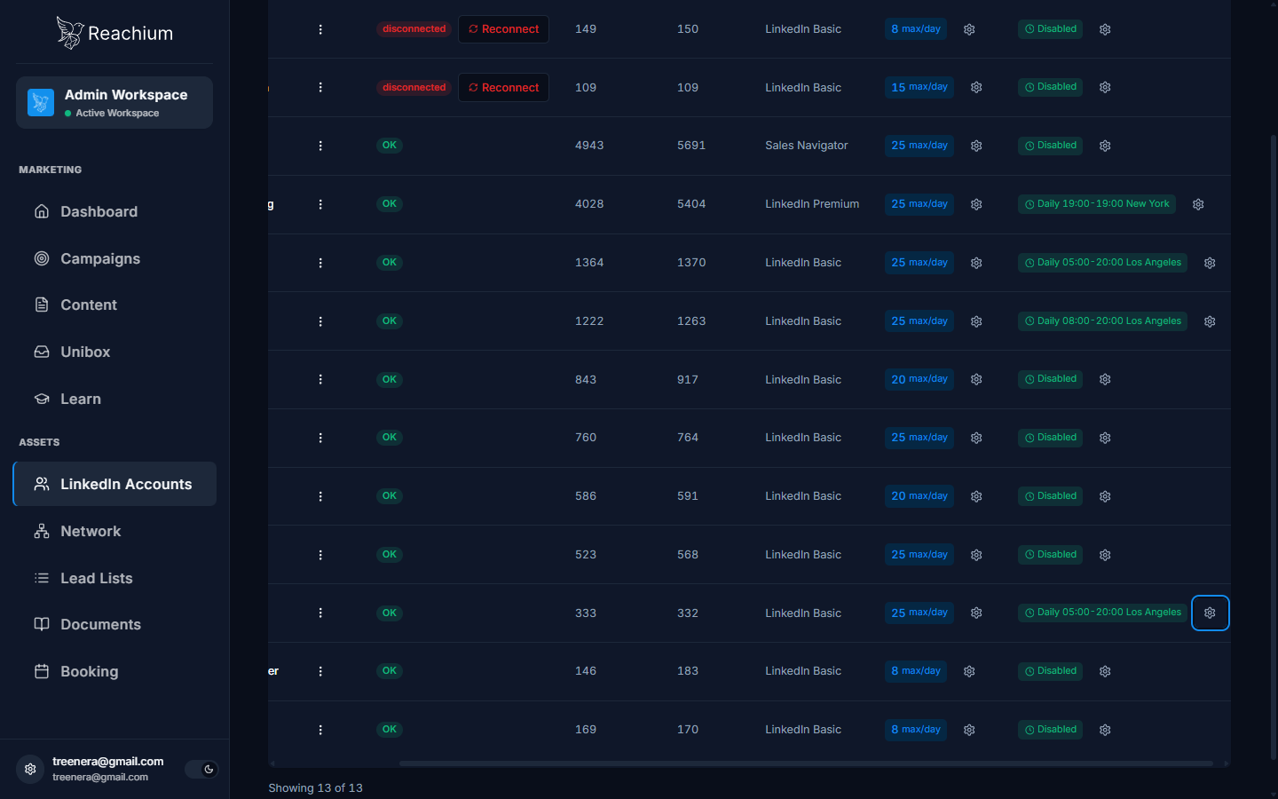 Two rows in disconnected status with red badges and Reconnect buttons